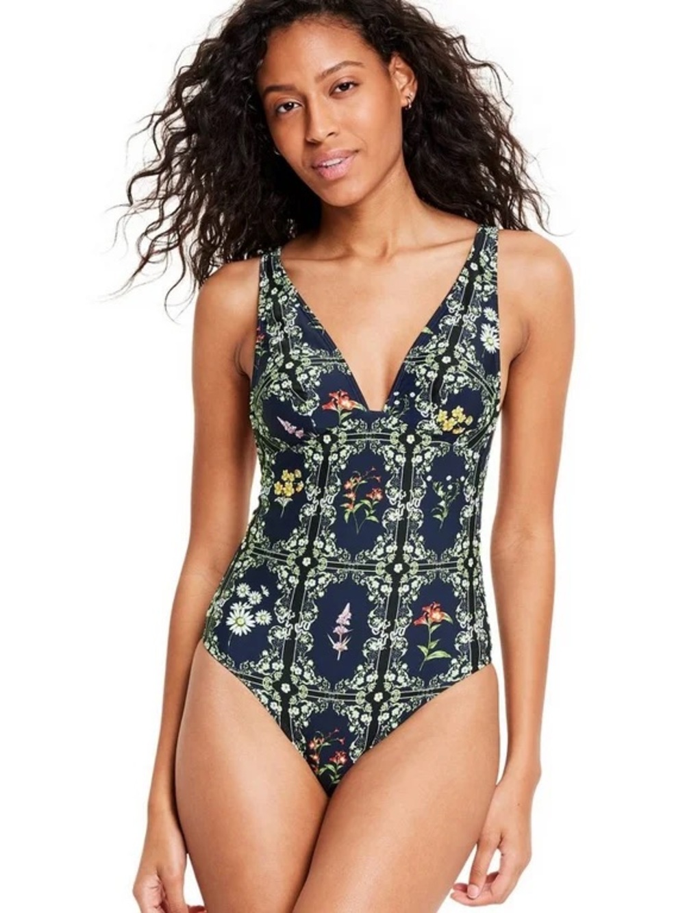 Flattering Navy Blue Tile Print One Piece Swimsuit